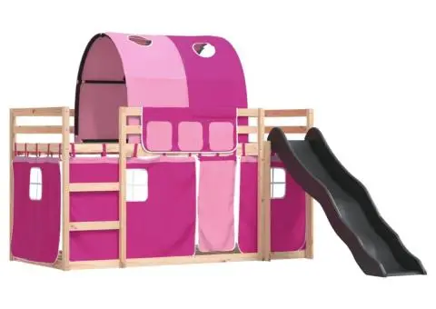 Pat supraetajat cu tobogan și perdele, roz, 90x190 cm - 3/5