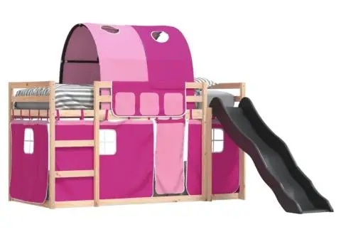 Pat supraetajat cu tobogan și perdele, roz, 90x190 cm - 4/5
