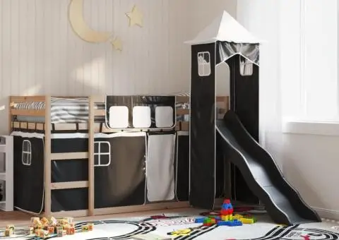 Pat supraetajat cu tobogan și perdele, alb și negru, 90x190 cm - 1/5