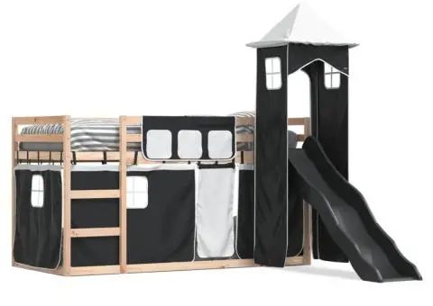 Pat supraetajat cu tobogan și perdele, alb și negru, 90x190 cm - 2/5