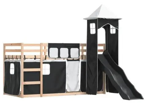 Pat supraetajat cu tobogan și perdele, alb și negru, 90x190 cm - 3/5