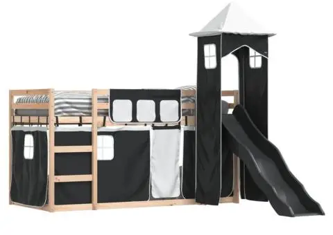 Pat supraetajat cu tobogan și perdele, alb și negru, 90x190 cm - 4/5