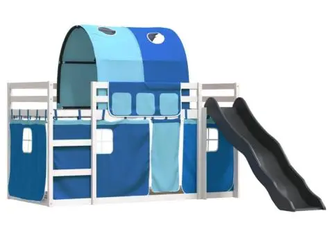 Pat supraetajat cu tobogan și perdele, albastru, 90x190 cm - 3/5