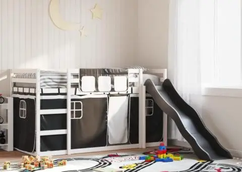 Pat supraetajat cu tobogan și perdele, alb și negru, 90x190 cm - 1/5