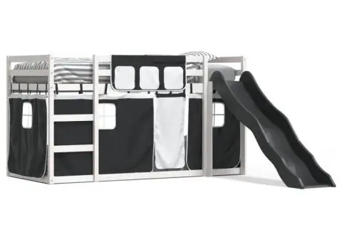 Pat supraetajat cu tobogan și perdele, alb și negru, 90x190 cm - 2/5