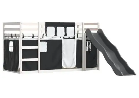 Pat supraetajat cu tobogan și perdele, alb și negru, 90x190 cm - 3/5