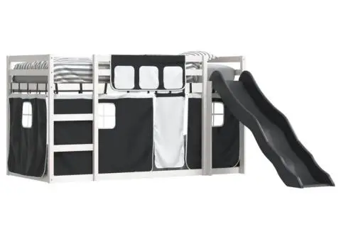 Pat supraetajat cu tobogan și perdele, alb și negru, 90x190 cm - 4/5