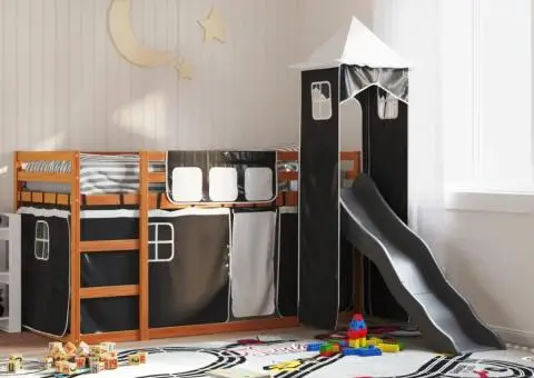Pat supraetajat cu tobogan și perdele, alb și negru, 90x190 cm - 1/5