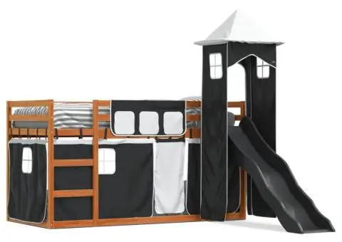 Pat supraetajat cu tobogan și perdele, alb și negru, 90x190 cm - 2/5