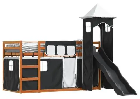 Pat supraetajat cu tobogan și perdele, alb și negru, 90x190 cm - 4/5