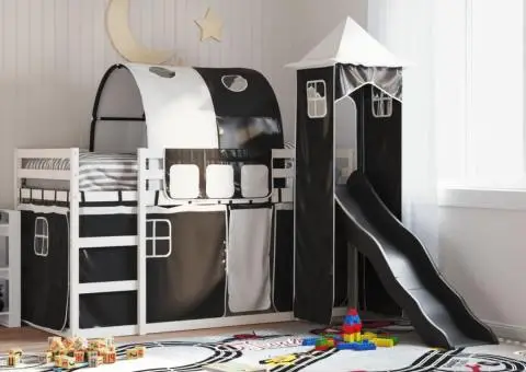 Pat supraetajat cu tobogan și perdele, alb și negru, 90x190 cm - 1/5