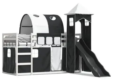 Pat supraetajat cu tobogan și perdele, alb și negru, 90x190 cm - 2/5