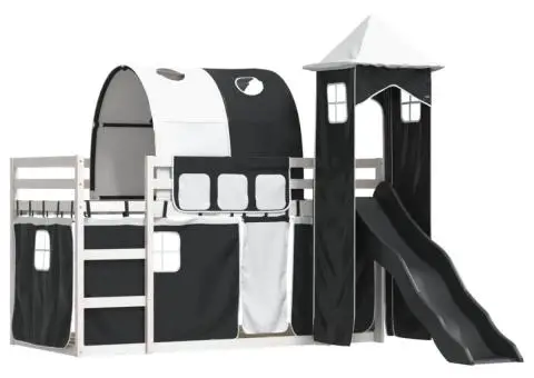 Pat supraetajat cu tobogan și perdele, alb și negru, 90x190 cm - 3/5