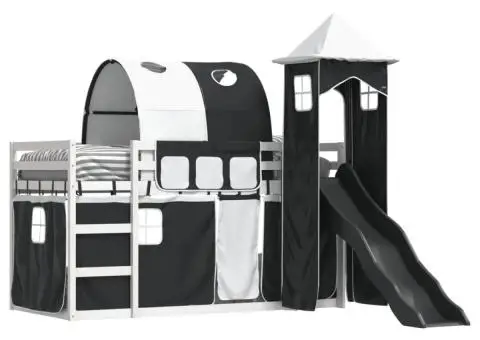 Pat supraetajat cu tobogan și perdele, alb și negru, 90x190 cm - 4/5
