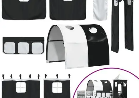 Pat supraetajat cu tobogan și perdele, alb și negru, 90x190 cm - 5/5