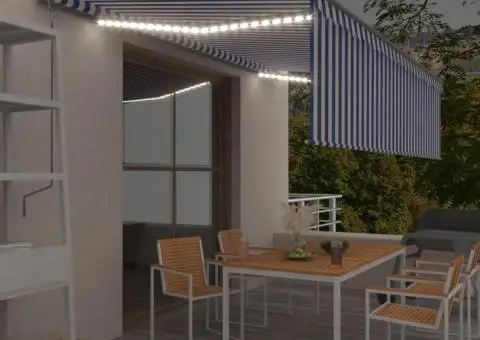 Copertină retractabilă manual cu stor&LED,albastru&alb, 5x3 m - 1/5