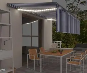 vidaXL Copertină retractabilă manual cu stor&LED,albastru&alb, 5x3 m