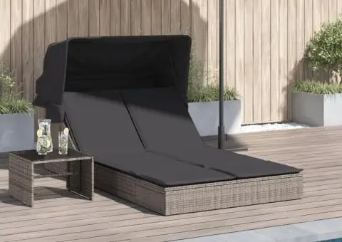 Șezlong dublu cu baldachin și perne, gri, poliratan - 1/5