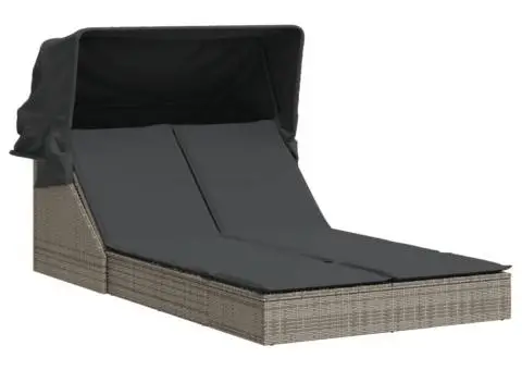 Șezlong dublu cu baldachin și perne, gri, poliratan - 2/5