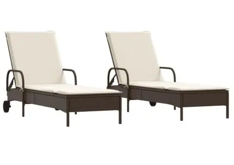 Șezlonguri de plajă cu perne, 2 buc., maro, poliratan - 2/5