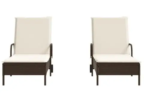 Șezlonguri de plajă cu perne, 2 buc., maro, poliratan - 4/5