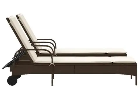 Șezlonguri de plajă cu perne, 2 buc., maro, poliratan - 5/5