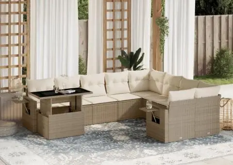 Set canapele de grădină cu perne, 10 piese, bej, poliratan - 1/5