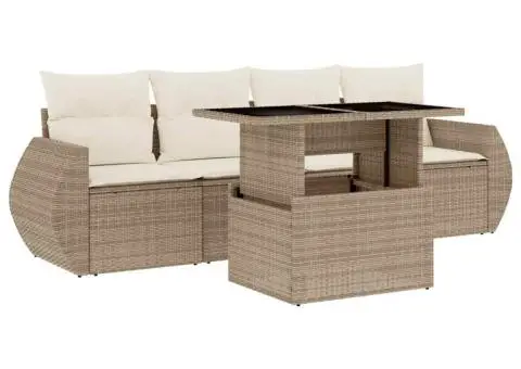 Set canapele de grădină cu perne, 5 piese, bej, poliratan - 2/5