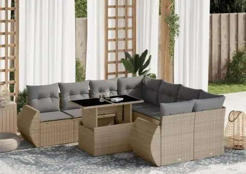 Set canapele de grădină, 9 piese, cu perne, bej, poliratan - 1/5