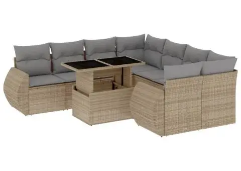 Set canapele de grădină, 9 piese, cu perne, bej, poliratan - 2/5