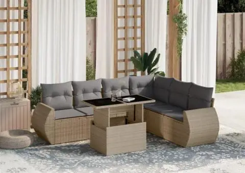 Set canapele de grădină, 7 piese, cu perne, bej, poliratan - 1/5