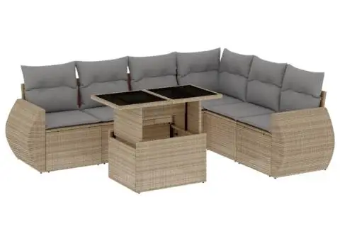 Set canapele de grădină, 7 piese, cu perne, bej, poliratan - 2/5