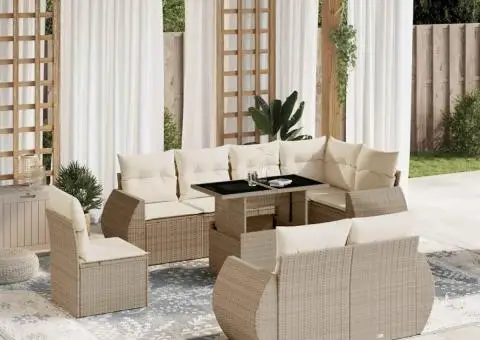 Set canapele de grădină, 9 piese, cu perne, bej, poliratan - 1/5