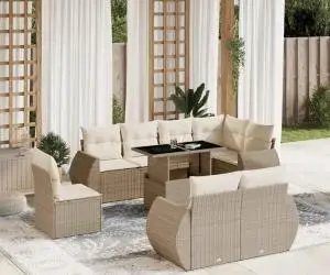 vidaXL Set canapele de grădină, 9 piese, cu perne, bej, poliratan