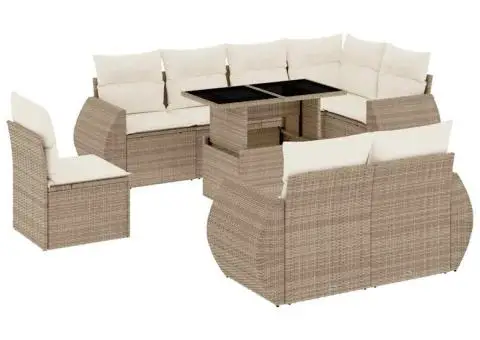 Set canapele de grădină, 9 piese, cu perne, bej, poliratan - 2/5