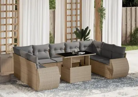 Set canapele de grădină cu perne, 10 piese, bej, poliratan - 1/5