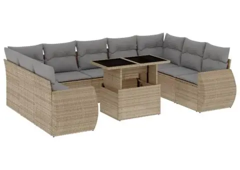 Set canapele de grădină cu perne, 10 piese, bej, poliratan - 2/5