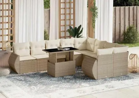 Set canapele de grădină cu perne, 10 piese, bej, poliratan - 1/5