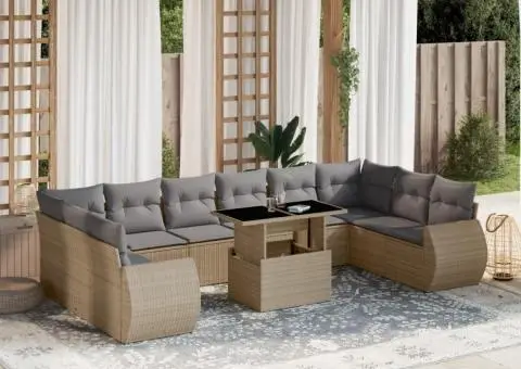 Set canapele de grădină cu perne, 11 piese, bej, poliratan - 1/5