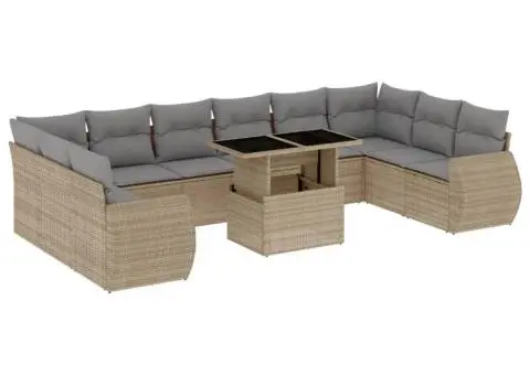 Set canapele de grădină cu perne, 11 piese, bej, poliratan - 2/5