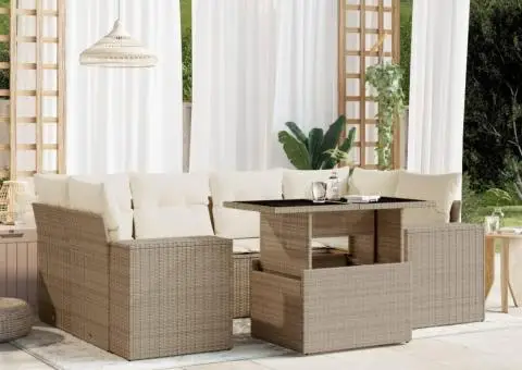 Set canapele de grădină, 7 piese, cu perne, bej, poliratan - 1/5