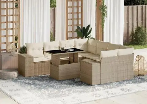 Set canapele de grădină, 9 piese, cu perne, bej, poliratan - 1/5