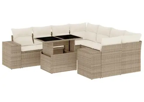 Set canapele de grădină, 9 piese, cu perne, bej, poliratan - 2/5