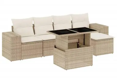 Set canapele de grădină cu perne, 6 piese, bej, poliratan - 2/5