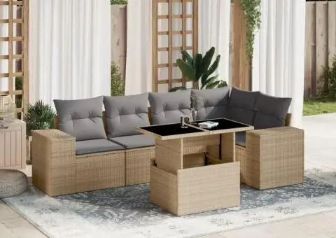 Set canapele de grădină cu perne, 6 piese, bej, poliratan - 1/5