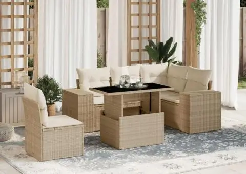 Set canapele de grădină cu perne, 6 piese, bej, poliratan - 1/5