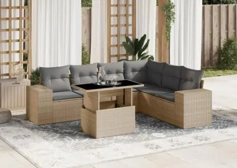 Set canapele de grădină, 7 piese, cu perne, bej, poliratan - 1/5