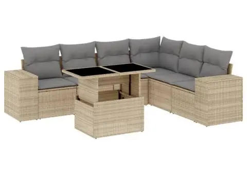 Set canapele de grădină, 7 piese, cu perne, bej, poliratan - 2/5