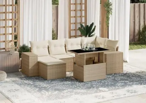 Set canapele de grădină, 7 piese, cu perne, bej, poliratan - 1/5