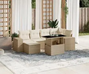 vidaXL Set canapele de grădină, 7 piese, cu perne, bej, poliratan